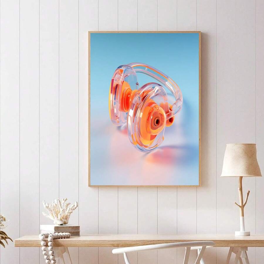 1幅橙色漸變耳機照片油畫畫布,可用於客廳攝影牆藝術印刷畫作,家居裝飾無框 - 彩色 - 查看 1