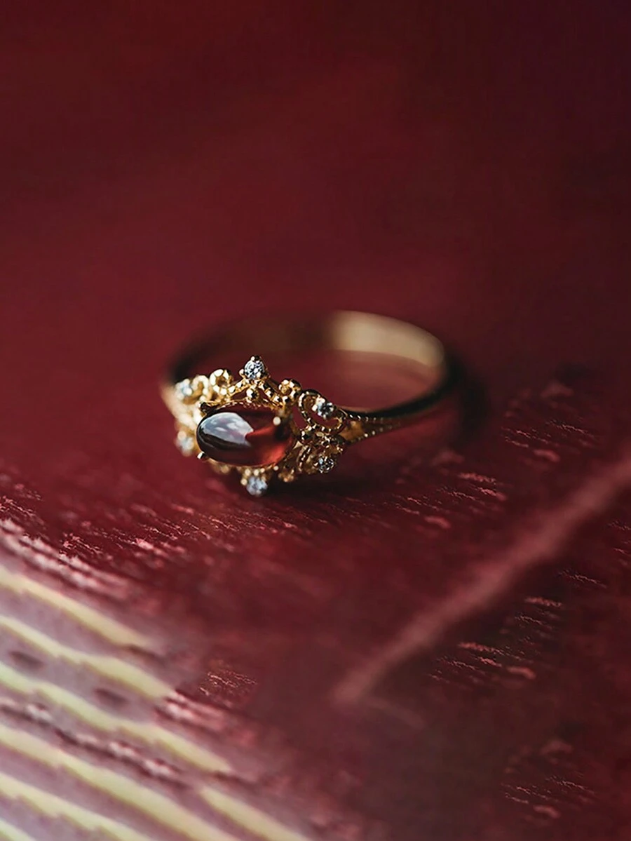 1入組優雅復古S925純銀戒指合適適合女士 - 金色 - 查看 1