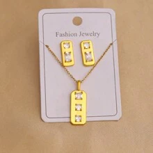 1 Set Elegant Minimalist Ins Style Geometric Square Shape Copper With Stone Earrings And Pendant Necklace Set For Couples Suitable For Daily, Festivals Such As Valentine'S Day, Christmas And Mother'S Day Gift - Yellow Gold - View 10