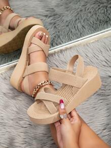 女士舒适坡跟凉鞋，弹性绑带简约套脚凉鞋，圆头夏季沙滩拖鞋 - 米色 - 查看 3