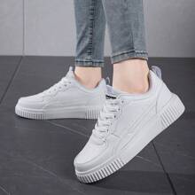 Thick Sole Casual White PU Leather Sneakers, Versatile Unisex Sport Shoes For All Seasons