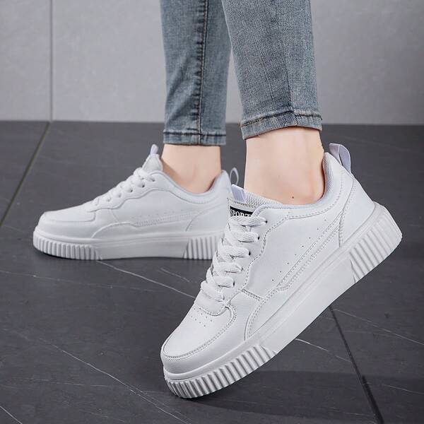 Zapatillas deportivas versátiles, unisex, de piel de PU blanca con suela gruesa, para todas las estaciones
