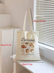 1pc Stylish Beige Canvas Tote Bag With Bread & Letter Print Design For Women, Shopping Bag