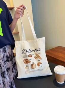 1pc Stylish Beige Canvas Tote Bag With Bread & Letter Print Design For Women, Shopping Bag