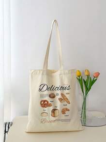 1pc Stylish Beige Canvas Tote Bag With Bread & Letter Print Design For Women, Shopping Bag