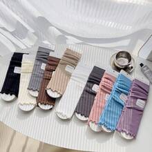 兒童襪子,雙針菇頭蕾絲邊中筒褲,韓國風格公主女孩春秋針織短襪 - 黑色 - 查看 5