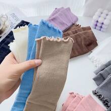 兒童襪子,雙針菇頭蕾絲邊中筒褲,韓國風格公主女孩春秋針織短襪 - 黑色 - 查看 4