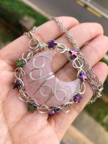 Natural Amethyst Gems Moon Star Crystal Pendant Necklace Magic Reiki Healing Chakra Amulet