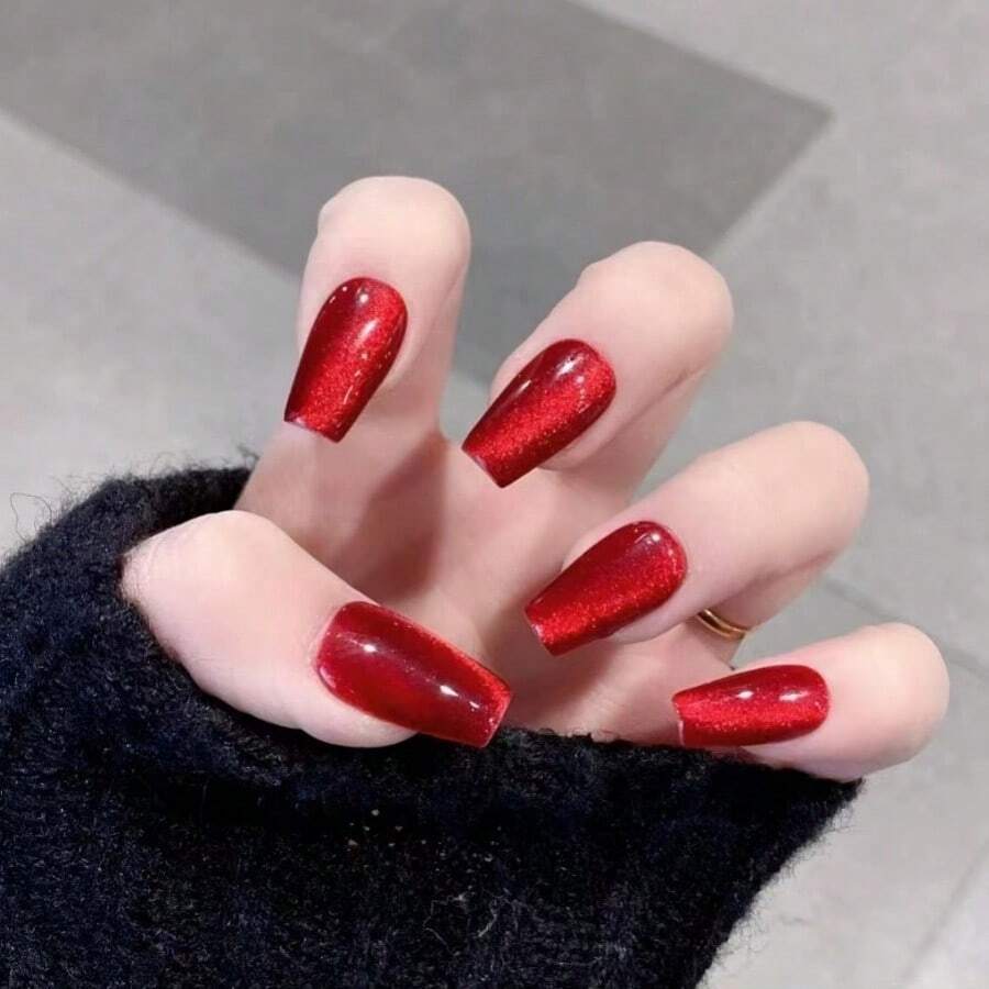 24片短方形手工按壓指甲櫻桃紅水晶貓眼指甲貼秋冬風格戴甲假指甲貼女式指甲美甲裝飾 - 酒紅色 - 查看 1