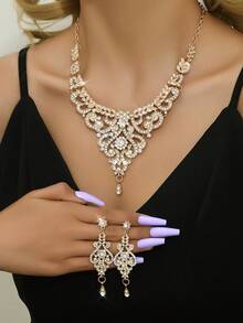 3 件套女士欧美时尚婚礼套装长耳环项链水钻新娘婚礼派对生日礼物 - 金色 - 查看 3