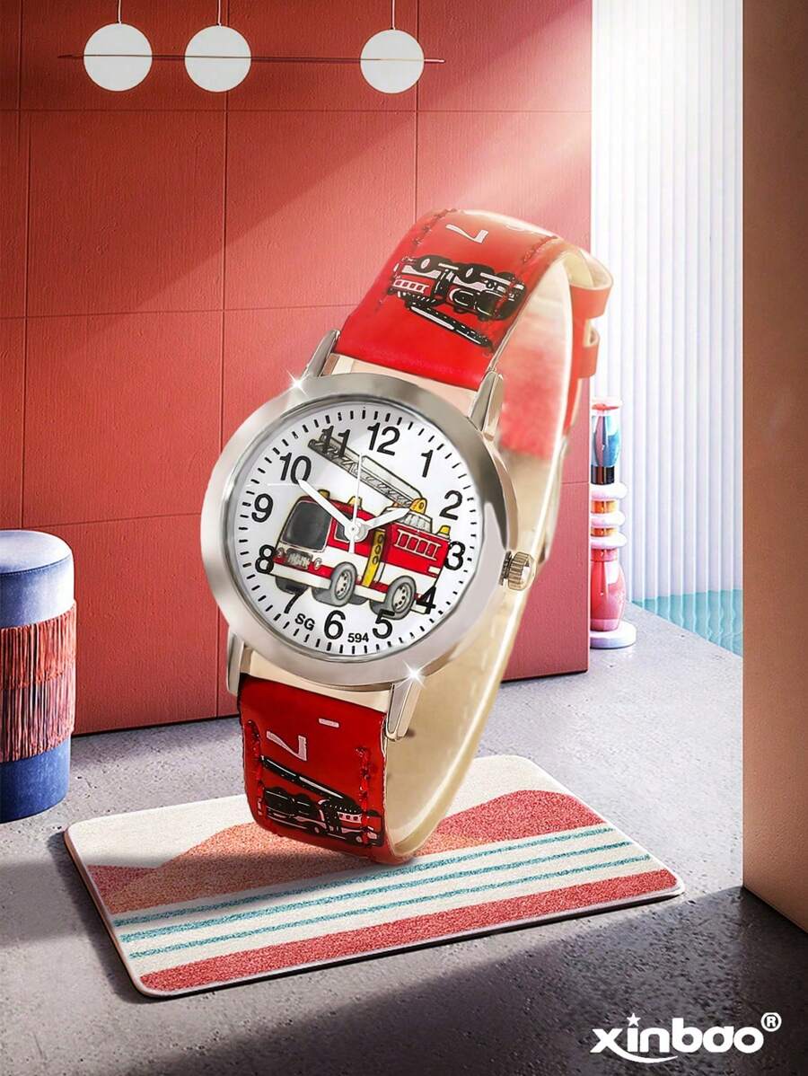 1pc New Arrival Red Fire Engine Quartz Watch For Children, Suitable For Daily Decoration, Holiday & Birthday Gift - Red - View 1