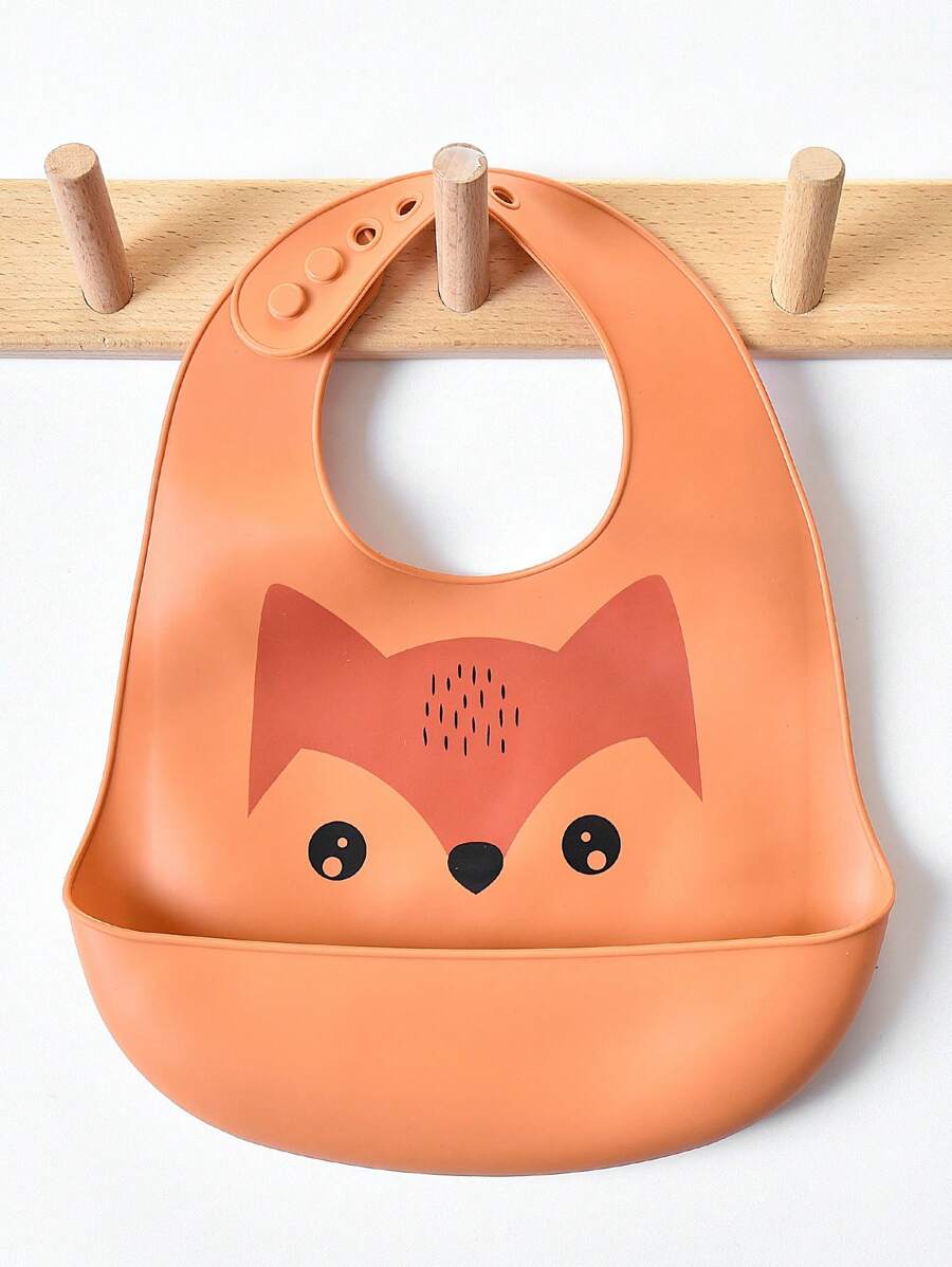 1pc Baby Animal Printed Waterproof, Anti-Dirt, Anti-Leak Silicone Bib For Every Seasons - Orange - View 1