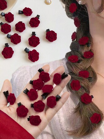 10st Meisjes Nieuwe stijl Wijn Rood Fluweel Bloem & Hars Haar Clips Mini Rood Roos Haarspeld Geschikt Voor Nieuwjaar Of Bruiloft Bruid