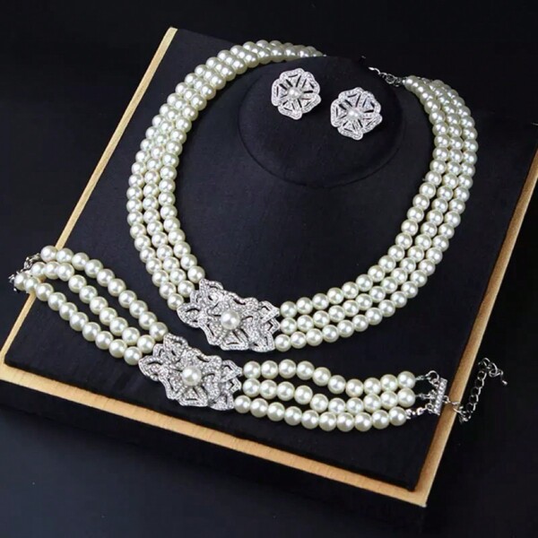 3 pezzi Set di gioielli in perle elegante e di lusso, include collana, orecchini e bracciale di perle multifilo con strass, adatto per matrimoni, occasioni formali, regali di coppia, regali per donne, regali per la migliore amica, regali per San Valentino, mamma, madre, festa della mamma