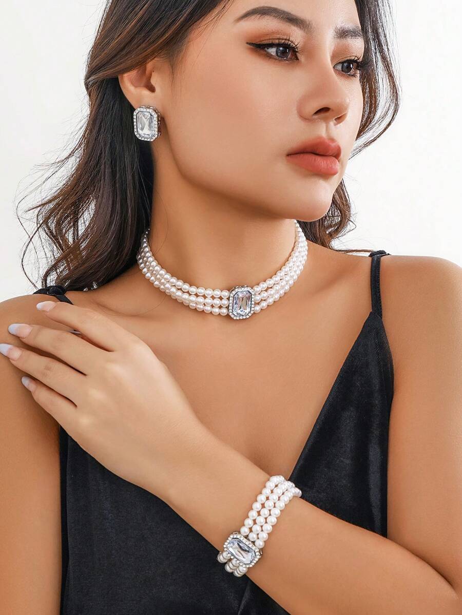 4pcs Gorgeous And Fashionable Rhinestone Inlaid Multilayer Faux Pearl Beaded Necklace & Bracelet, Gemstone Earrings, Women's Wedding Elegant Charm Jewelry Set, Holiday Gift - White - View 1