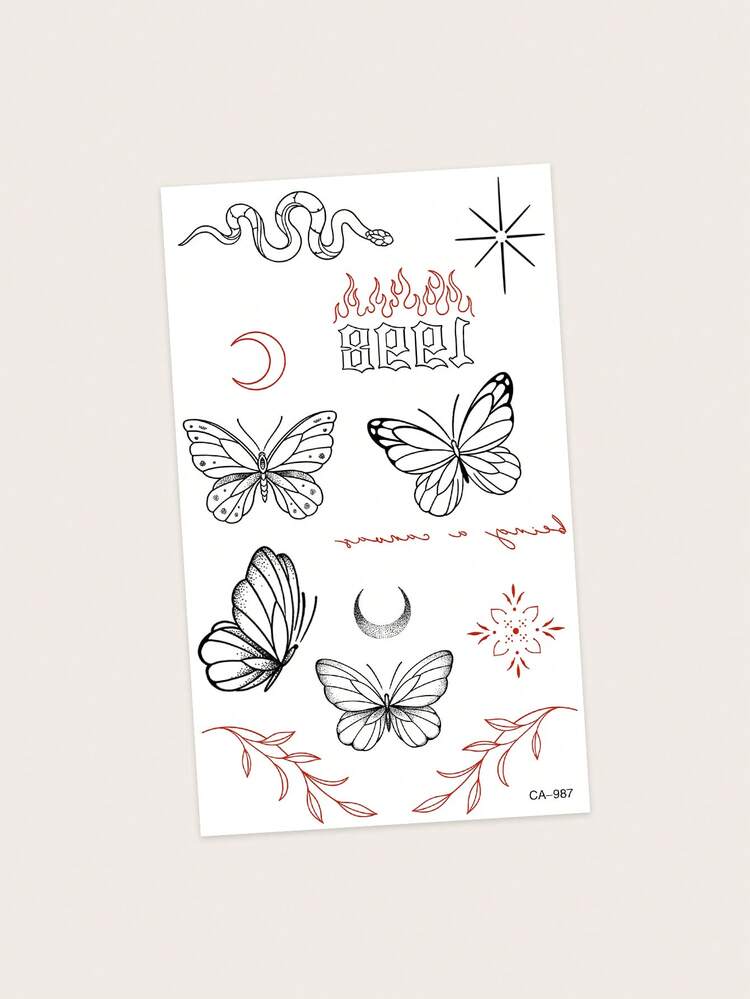 1 件防水防汗 PVC 临时纹身贴纸，带有性感蝴蝶、火焰、字母、蛇和叶子图案，适合时尚领袖日常使用 - 彩色 - 查看 2
