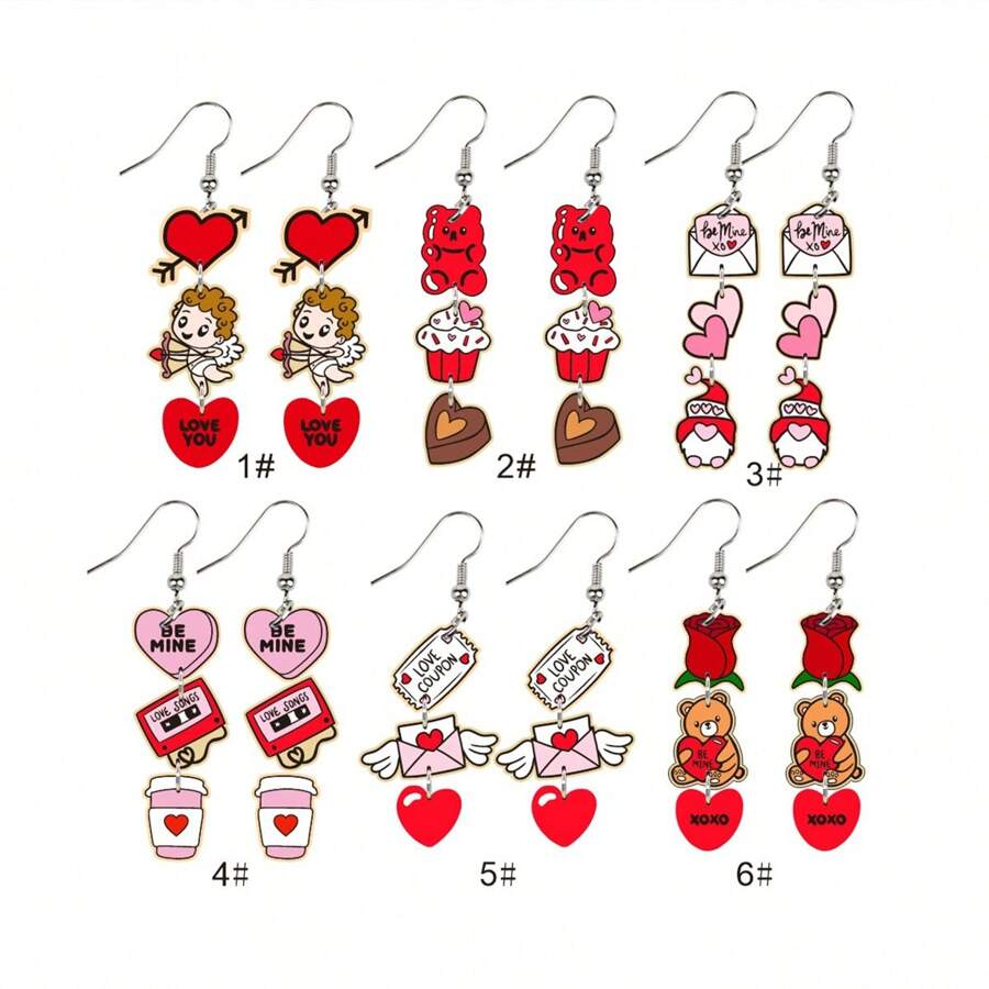 1對簡約歐美風招牌耳環, 2024情人節粉色愛心&咖啡杯&愛神&巧克力蛋糕掛墜耳環女士, 秋冬, 节日礼品,情人節裝飾 - 米色 - 查看 1