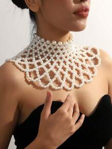 1條全新跨國時尚頸鍊復古珍珠披肩扇形鏤空項鍊適合西式新娘禮服、旗袍 - 白色 - 查看 2