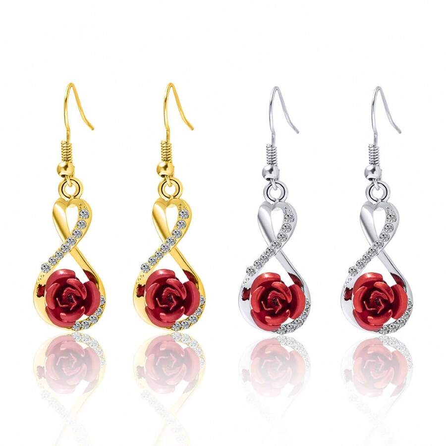 2pairs Twisted Rose & Rhinestone Decor 8-Shaped Earrings & Pendants Set, Fashionable Dangle Earrings For Women, Valentine'S Day Gift For Girlfriend - Rose Earrings - View 1