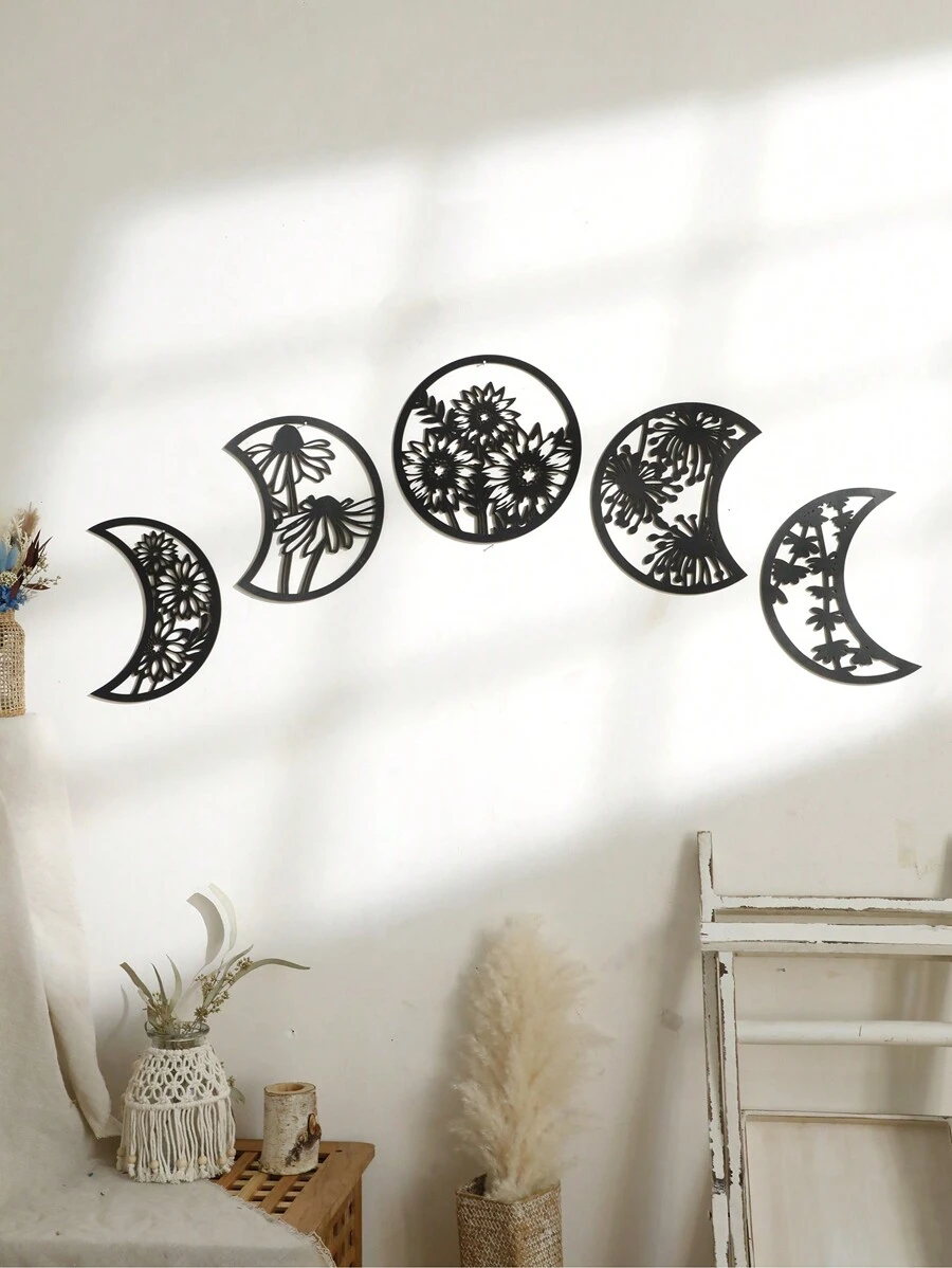 1 Stück/5 Stücke Wanddekoration im Boho-Stil mit Mondphasen, nordische Wandkunst aus Holz für Wohnzimmer, Schlafzimmer, Zuhause, Wanddekoration, Zimmer, Apartment, Bar, Ornament - Schwarz - Übersicht 1