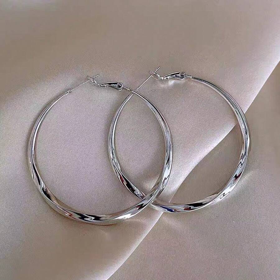 1對歐美風格大圓環耳環,女性獨特設計,優雅,適合日常佩戴 - 銀色扭扭圈 - 查看 1