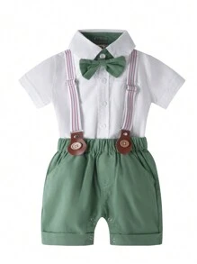 绅士风男婴纯色短袖连体衣套装，适合生日派对和夏季穿着 - 綠色 - 查看 2