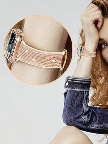 Set de 2 piezas: Estuche protector de marco de oro rosa hueco con diamantes de imitación + Correa de silicona suave de colores, compatible con Ultra2/SE/Series 9/8/7/6/5/4/3/2/1, decoración de moda para relojes inteligentes de 38mm, 40mm, 41mm, 42mm, 44mm, 45mm, 49mm