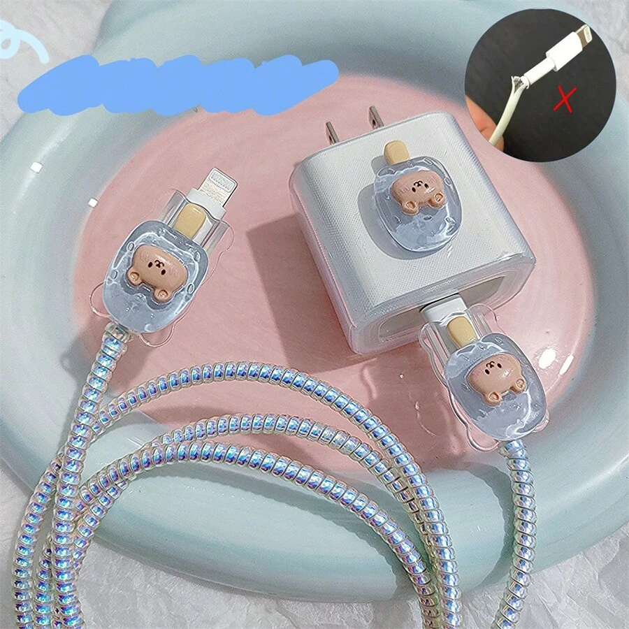 Hộp bảo vệ đầu sạc 20w Kem hình gấu hoạt hình màu xanh trong suốt, tương thích với bộ sạc điện thoại Apple - Màu xanh lam - Xem 1
