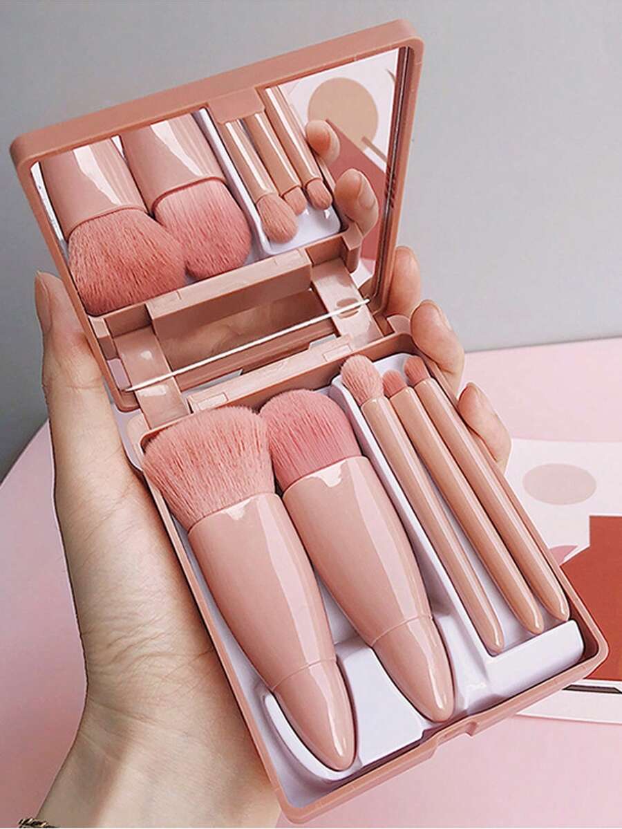 6pcs/Set Including Foundation Brush, Powder Brush, Blending Brush, Eyeshadow Brush, Lip Brush, Storage Box & Mirror,Gift For Valentine's Day - Brown - View 1