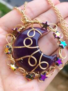 Crystal Amethyst Moon Star Life Tree Mix Material Healing Stones Chips Pendant Necklace