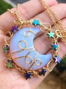 Crystal Amethyst Moon Star Life Tree Mix Material Healing Stones Chips Pendant Necklace