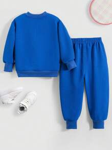 2 piezas para niña pequeña con estampado de conejo de color liso y pantalones a juego - azul real - Ver 2