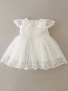 Baby Girl Christening Dress, White Mesh Tutu Dress With Hat For Birthday Party - White - View 7
