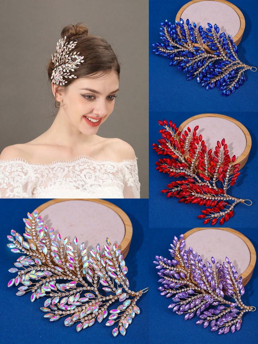 1 件裝棕色新娘髮梳豪華樹枝和水晶,帶水鑽設計頭飾適合婚禮、派對、日常使用 - 紫色 - 查看 1