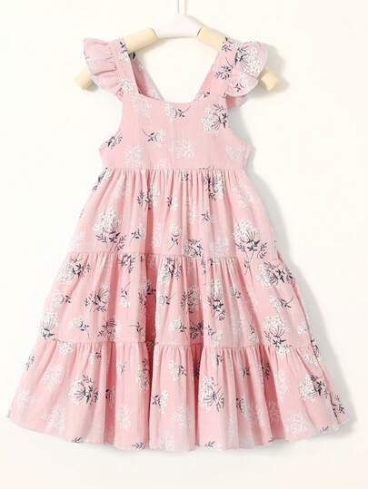 少女甜美柔軟舒適花卉印花荷葉邊肩帶露背公主裙，適合派對、假期、休閒外出穿著