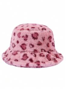 1 件女士时尚毛绒绒保暖渔夫帽，带心形图案，适合日常佩戴或情人节豹纹 - 粉色 - 查看 1