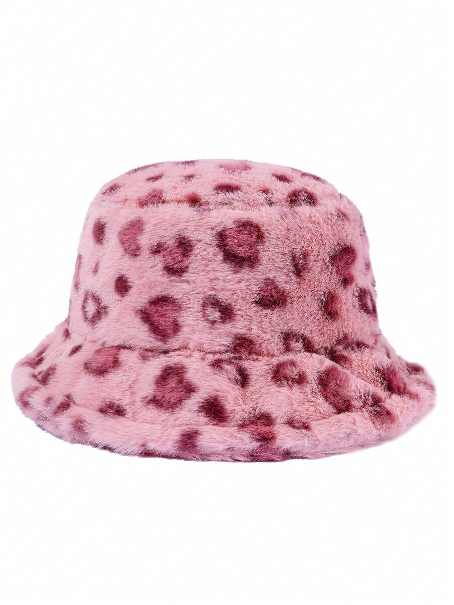 1 件女士时尚毛绒绒保暖渔夫帽，带心形图案，适合日常佩戴或情人节豹纹 - 粉色 - 查看 1