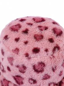 1 件女士时尚毛绒绒保暖渔夫帽，带心形图案，适合日常佩戴或情人节豹纹 - 粉色 - 查看 2