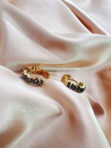 1對簡約925銀針&鑽石&鋯石裝飾圈環耳環,採用金電鍍工藝,適用於女性日常佩戴 - 黑色 - 查看 5