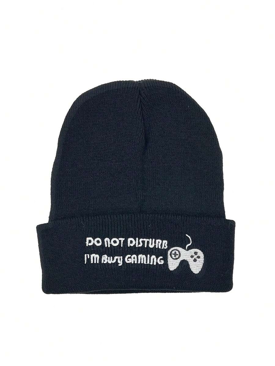 1顶男女童Y2K风格游戏机刺绣针织帽，户外保暖冬季帽，适合日常通勤。 - 黑色 - 查看 1