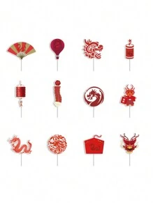 12pcs Spring Festival Party Cake Decoration Insert, Chinese Dragon Themed Flag & Sign For Paper Cupcake Topper, Party Supplies - Red - View 4