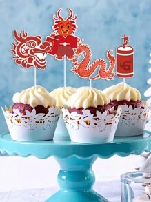 12pcs Spring Festival Party Cake Decoration Insert, Chinese Dragon Themed Flag & Sign For Paper Cupcake Topper, Party Supplies - Red - View 2