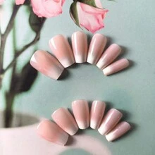 24片粉色和白色邊緣漸變芭蕾純色多用途美甲貼片,可拆卸且可壓貼的假指甲,適用於女性女孩修指甲裝飾 - 粉色 - 查看 2