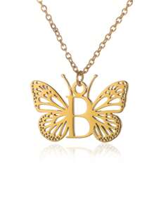 1入單一金色不銹鋼字母a-z首飾蝴蝶墜項鍊,適合女性,節日禮物 - 金色 - 查看 22