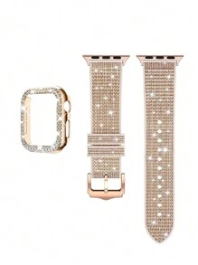 Set de 2 piezas: Estuche protector de marco de oro rosa hueco con diamantes de imitación + Correa de silicona suave de colores, compatible con Ultra2/SE/Series 9/8/7/6/5/4/3/2/1, decoración de moda para relojes inteligentes de 38mm, 40mm, 41mm, 42mm, 44mm, 45mm, 49mm