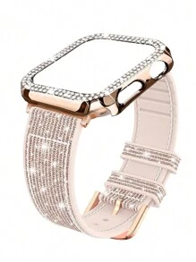 Set de 2 piezas: Estuche protector de marco de oro rosa hueco con diamantes de imitación + Correa de silicona suave de colores, compatible con Ultra2/SE/Series 9/8/7/6/5/4/3/2/1, decoración de moda para relojes inteligentes de 38mm, 40mm, 41mm, 42mm, 44mm, 45mm, 49mm