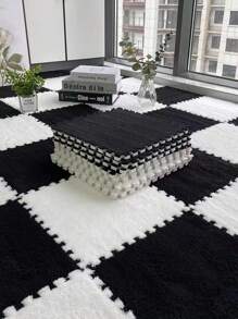 12入組毛絨拼圖楔形坐墊,正方形拼接毛絨地墊,防滑保護舒適座墊泡沫地墊,尺寸11.8*11.8*0.4英寸,黑白色 - 黑色+白色 - 查看 1