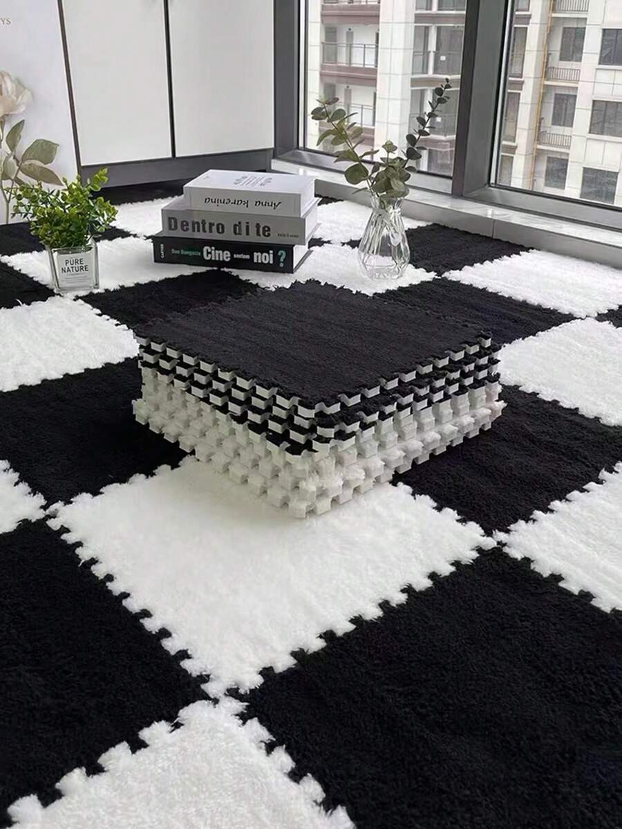12入組毛絨拼圖楔形坐墊,正方形拼接毛絨地墊,防滑保護舒適座墊泡沫地墊,尺寸11.8*11.8*0.4英寸,黑白色 - 黑色+白色 - 查看 1