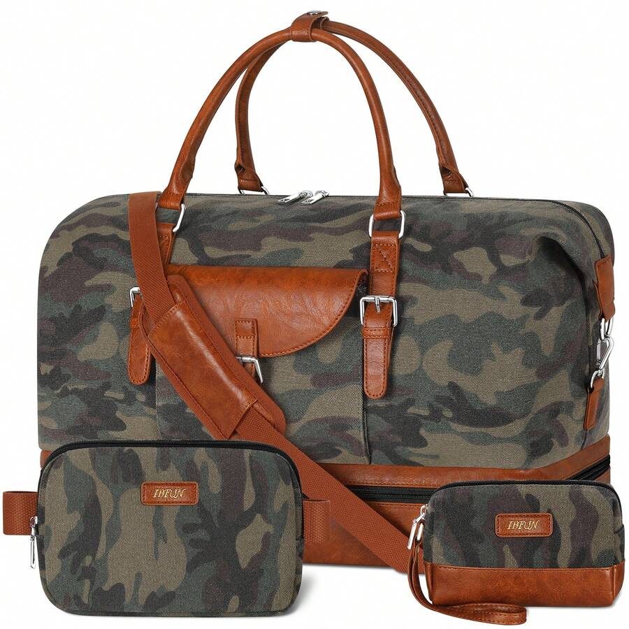 旅行週末前袋隨行袋女用隨身包 - 大容量週末包帶有乾濕分離防水鞋格化妝包,胸包單肩包,女士男士通用旅行攜行袋3入組,耐用行李包手提袋,迷彩綠色旅行袋,旅行袋,旅行套裝,旅行物品,旅行整理袋,旅行必備品,旅行配件 - 橄欖綠 - 查看 1