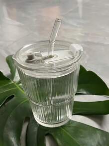 1只400毫升條紋玻璃雙層杯,帶吸管,竹質蓋和夏天主題印花,奶昔杯,冰咖啡杯 - 無色 - 查看 5